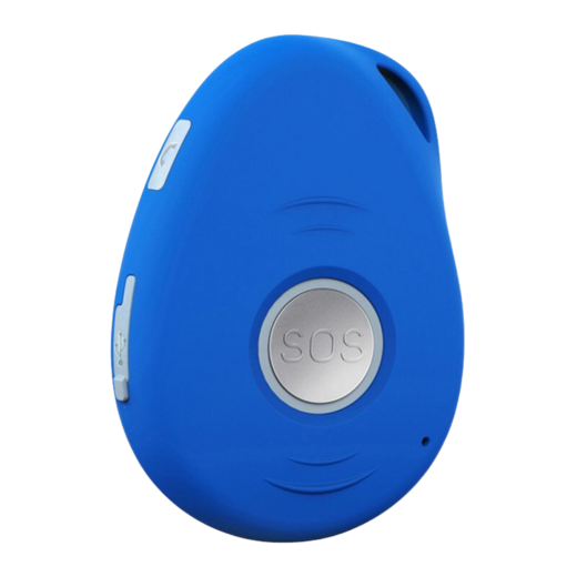 Médaillon de téléassistance bleu, bouton SOS argenté au centre