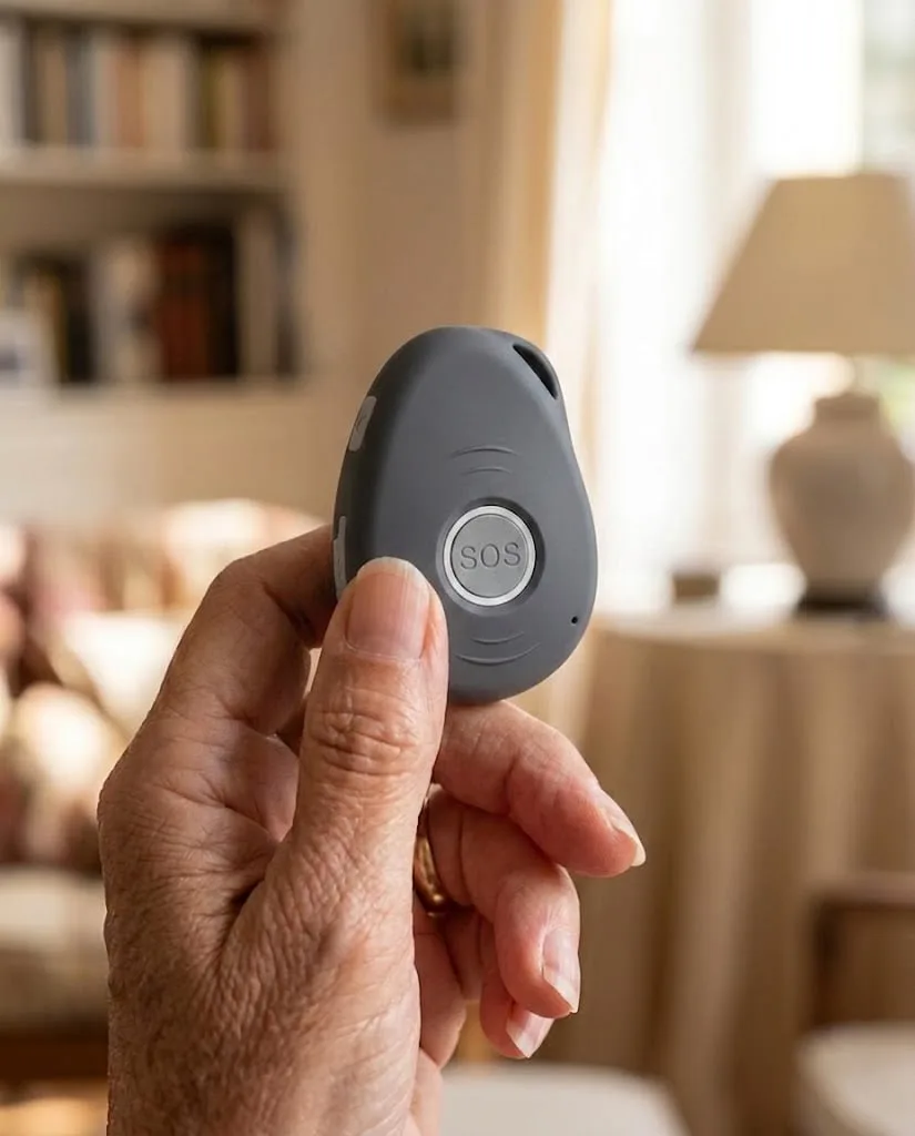 Main d'une personne âgée tenant le médaillon gris, le bouton SOS bien visible au centre