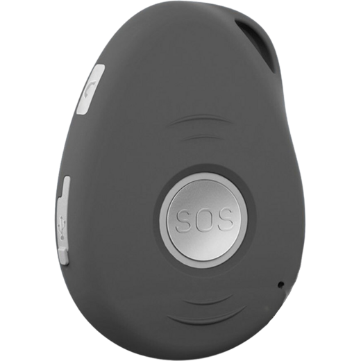 Médaillon de téléassistance noir, bouton SOS argenté au centre, touche d'appel sur le côté